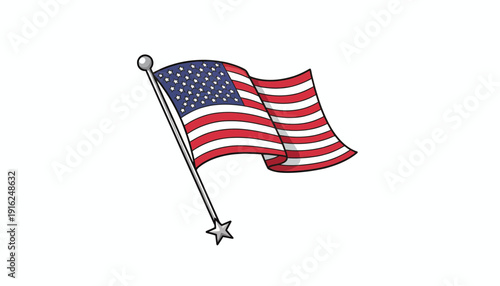 Waving American Flag on Pole with Star - USA Symbol of Freedom and Patriotism
