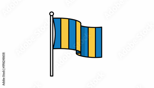 Waving Flag with Blue and Yellow Stripes on Pole, Isolated
