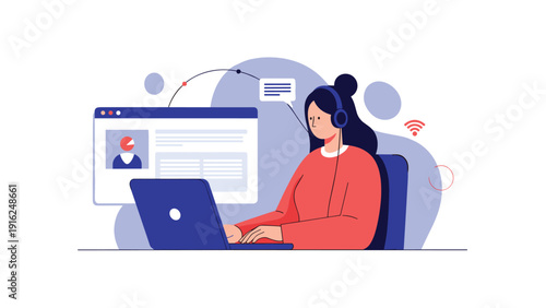 Female customer service agent with headset working at a laptop in front of abstract backgrounds for telemarketing and online assistance.