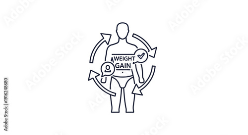 Weight Gain Cycle Icon: Human Silhouette with Arrows and Checkmark, Health Concept