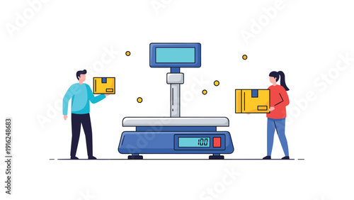 Warehouse employees weighing a large cardboard box on an industrial floor scale to calculate shipping costs and logistics requirements.