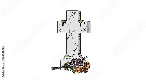 Weathered Stone Cross Gravestone with Flowers, Cemetery Memorial, Grief, Remembrance