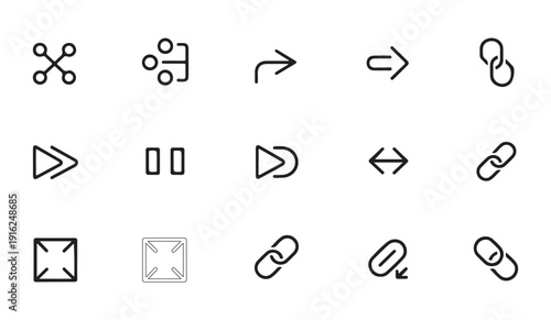 Thin line web icons including arrows chains and connections for network linking and interface control