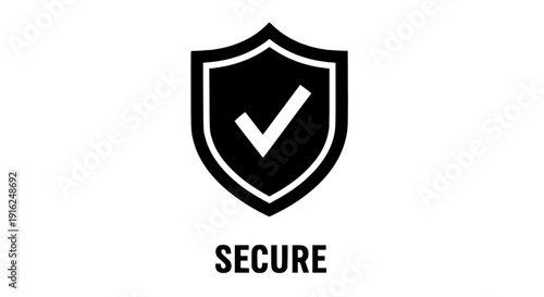 Simple black shield icon with checkmark indicating security and protection viewed from the front