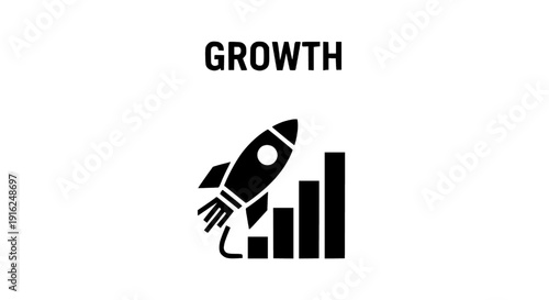 A rocket ship launching upwards beside a rising bar graph, symbolizing growth and progress in a business or financial context