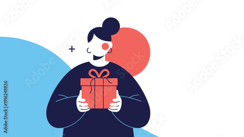 Happy woman holding a wrapped gift box with a bow expressing joy and celebration for birthdays holidays or special festive occasions.