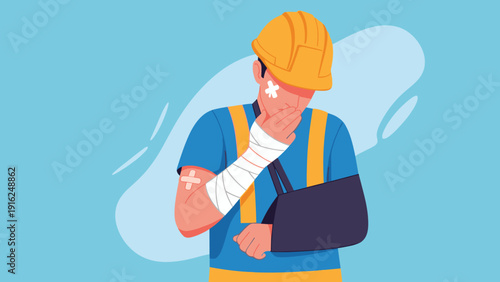 Injured construction worker wearing a hard hat and safety vest with his arm in a sling after a workplace accident or medical emergency.