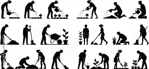 Gardening activity silhouettes flat vector illustration showing people watering plants, digging soil, planting flowers, pushing wheelbarrow, tending garden tasks