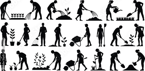 Gardening silhouettes flat vector illustration showing men and women watering plants, digging soil, planting flowers, pushing wheelbarrows, tending garden activities