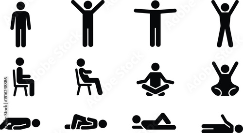 Human posture silhouettes flat vector illustration showing standing, sitting, meditating, reclining, exercising, diverse physical positions, yoga, ergonomic activities