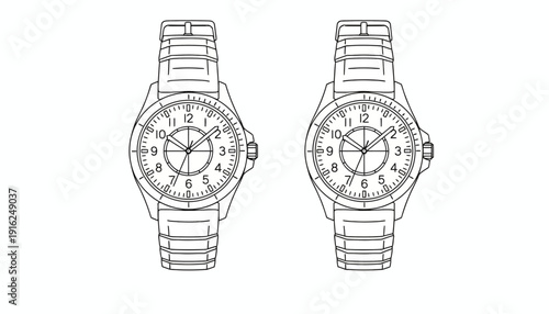 Two Hand-Drawn Style Watches: One with Crown, One Without, Black and White Sketch