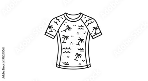 Tropical Rash Guard T-Shirt Line Art Icon with Palm Trees and Waves