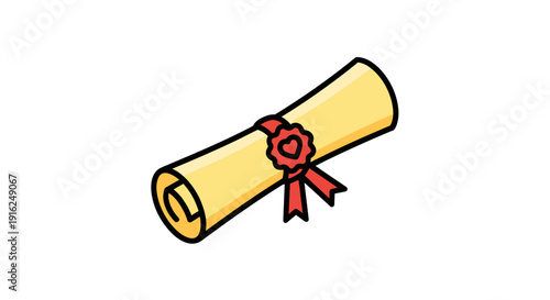 Illustrated diploma tied with a red ribbon, symbolizing achievements and knowledge confirmation