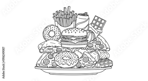 Unhealthy Fast Food Feast: Burger, Fries, Pizza, Donuts, Chocolate Bar, and Soda