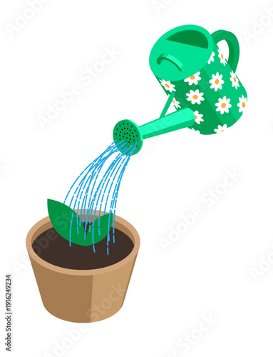 Isometric garden watering can waters a plant in a flower pot. 3D vector isolated on white background