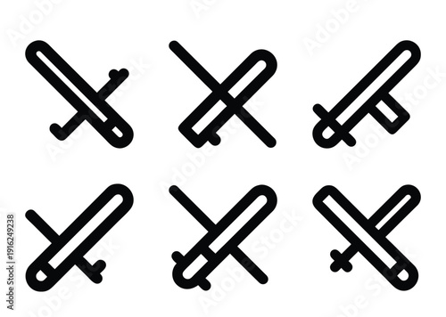 Set of simple outlined airplane icons in different flight orientations