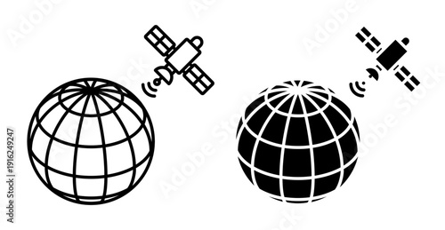 Linear isometric icon. Globe with grid lines linked with orbit satellite via signal waves, symbolizing global communication and space technology. Simple vector isolated on white background