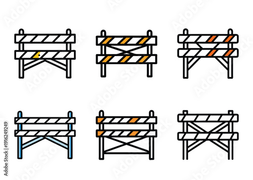 Multiple differently colored construction barrier signs, roadwork symbols, colorful road barriers