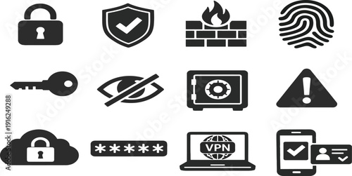 Cyber security and data privacy solid icon set isolated on white background. Collection of protection symbols including padlock, shield, firewall, fingerprint, VPN, and password.