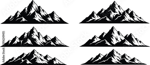 Set of six mountain silhouettes bundle of vector mountain designs silhouette illustration