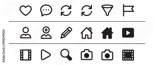 Collection of simple line art icons: heart chat refresh filter flag user profile pencil house video player