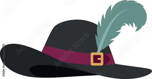Vector illustration of a musketeer hat with feather, wide brim, and decorative buckle for costume design