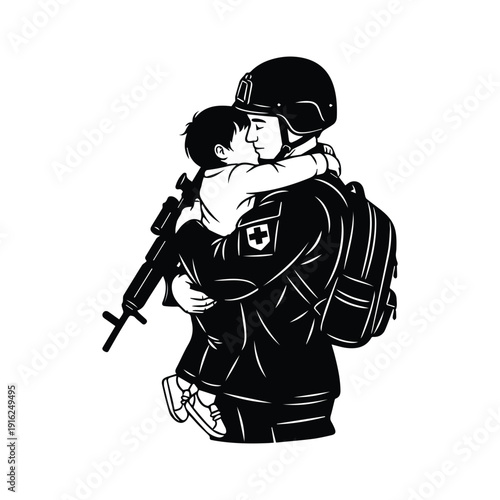 Soldier comforting child in emotional embrace illustration
