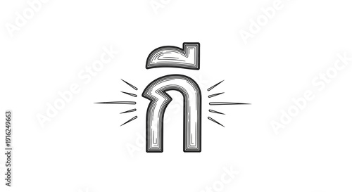 Thai Alphabet Character ก (Ko Kai) Hand Drawn Sketch with Light Rays