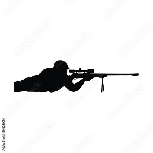 Sniper in prone position aiming rifle with precision and focus