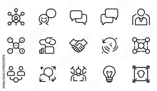 Outline professional teamwork and strategic communication icons for corporate identity and branding