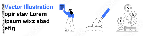 Business growth, investment strategies, farming, financial planning, personal development, environment. Person holding a book, shovel digging soil plant with currency symbols. Business growth