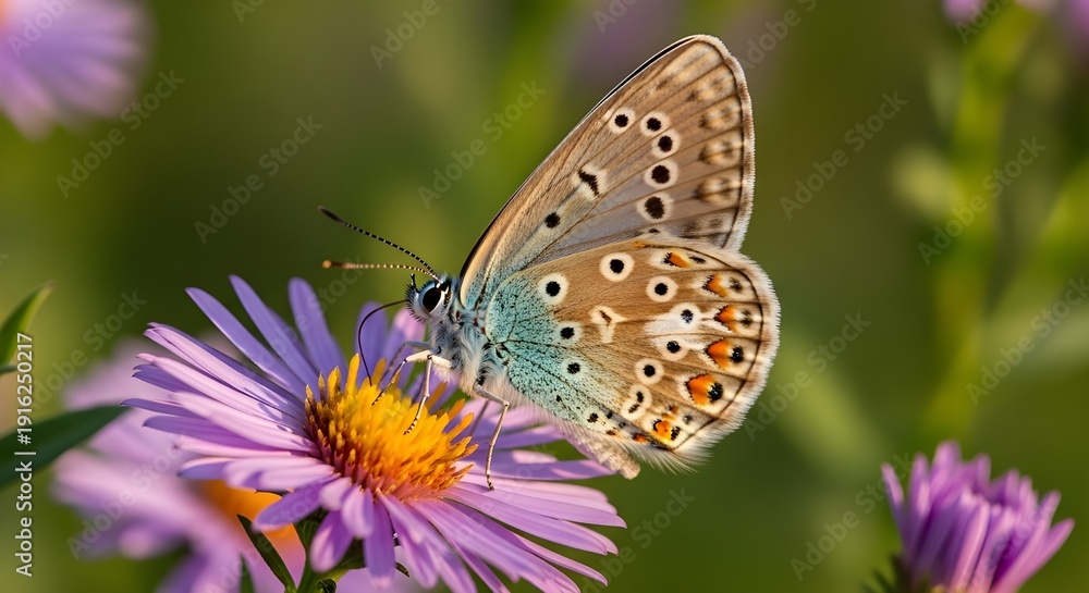Fototapeta premium Brown and Blue Butterfly on Purple Aster Flower