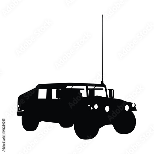 Black silhouette of a rugged military vehicle with antenna