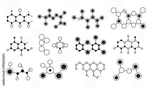 Set of black and white abstract molecular structures with various connections and arrangements