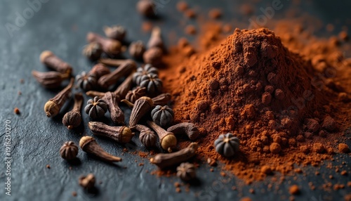 Whole and powdered cloves arranged on dark rough surface. Aromatic spice ready for culinary use, baking, or as natural health remedy. Rich texture, warm brown color.