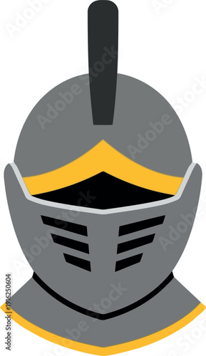 Medieval knight helmet illustration with visor and gold accents, isolated vector graphic