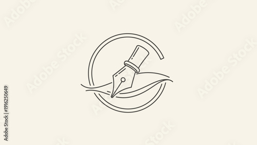 Elegant Fountain Pen Nib Writing on Abstract Swirls Inside Circle.