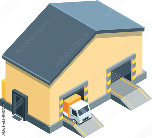 Warehouse building isometric icon. Shipping trucks delivery