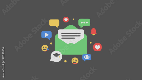 Email communication and social media engagement icons surrounding an open envelope.
