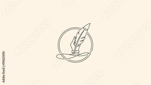 Elegant Quill Pen and Inkwell Emblem Design.