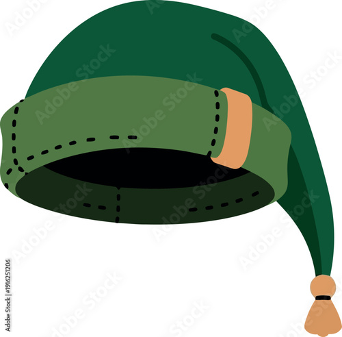 Green elf hat with gold trim and tassel isolated on white background, festive holiday costume accessory