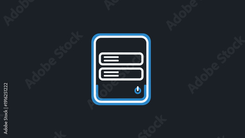 Glowing Neon Server Rack Icon with Blue Light Outline.