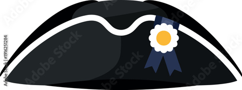 Black Tricorn Hat with Blue Ribbon and White Rosette Isolated on White Background Vector Illustration