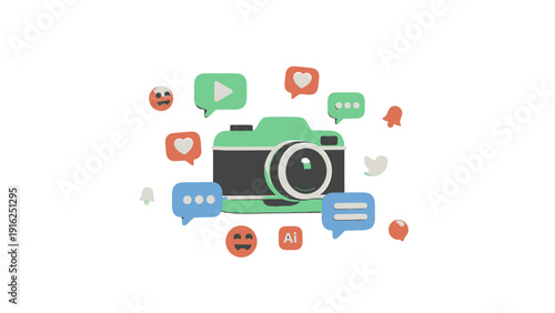 Green Camera Surrounded by Social Media Icons and Emojis.
