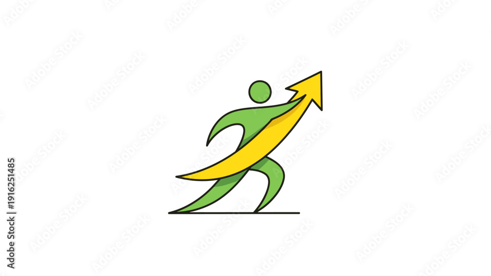 Obraz premium Green human figure with yellow arrow symbolizing growth and success.