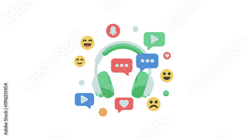 Headphones surrounded by social media icons and emojis.