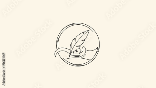 Elegant Feather Pen Resting on a Book Inside a Circle.