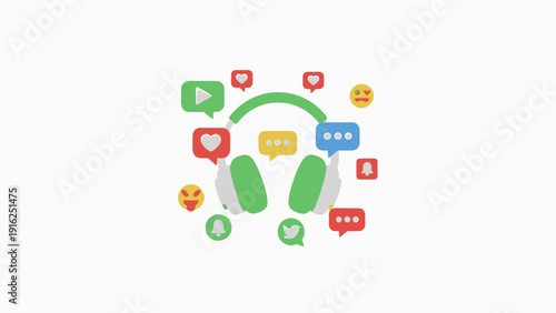 Headphones Surrounded by Social Media Icons and Emojis.