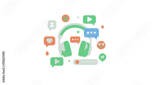 Headphones with social media icons and chat bubbles.