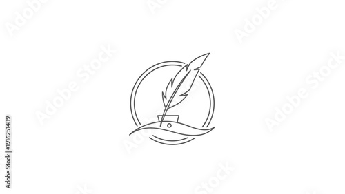 Elegant Feather Quill Pen and Inkwell Emblem.